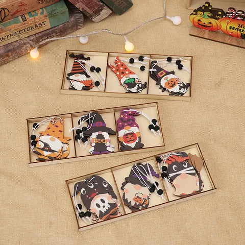 Halloween Wooden Gnomes Ornaments Set With Wood Storage Box Painted Wood Pendants For Halloween Party Home Festive Decor