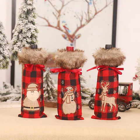 Weihnachten Weinflaschenhüllen Buffalo Karo Stoff Mit Kunstpelzkragen Weihnachtsmann Schneemann Rentier Jute Stickerei Rot Schwarz Dekor