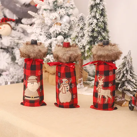 Weihnachten Weinflaschenhüllen Buffalo Karo Stoff Mit Kunstpelzkragen Weihnachtsmann Schneemann Rentier Jute Stickerei Rot Schwarz Dekor
