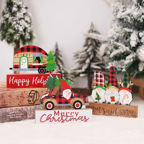 Adornos De Mesa Navideños De Madera Gnomos De Cuadros Buffalo Árbol Caravana Coche Decoración De Mesa Para Hogar Oficina
