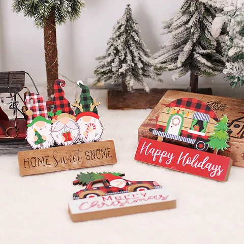 Adornos De Mesa Navideños De Madera Gnomos De Cuadros Buffalo Árbol Caravana Coche Decoración De Mesa Para Hogar Oficina