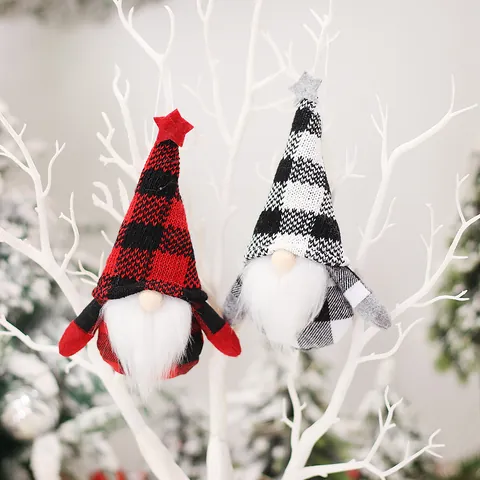Ornement Suspendu Nain de Noël Tissu Tricoté Gnomes à Carreaux Tomte Suédois Poupée sans Visage pour Arbre de Noël Maison Cadeau