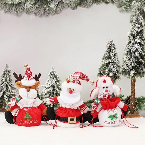 Sacchetto Regalo di Natale in Maglia con Motivo Babbo Natale Pupazzo di Neve Renna Coulisse per Caramelle e Mele