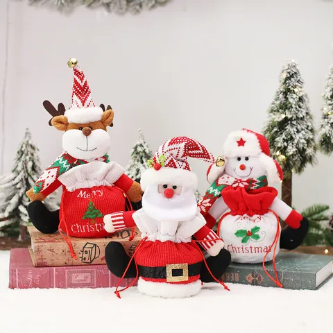 Sacchetto Regalo di Natale in Maglia con Motivo Babbo Natale Pupazzo di Neve Renna Coulisse per Caramelle e Mele