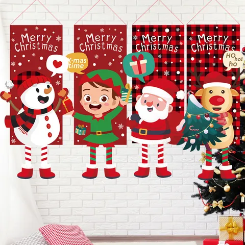 Christmas Hanging Banner Non-woven Fabric Cartoon Santa Claus Snowman Reindeer Elf Long Leg Flag For Home Door Window Decor