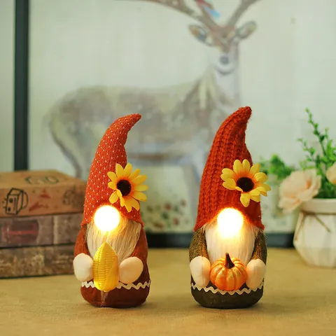 Adornos de Gnomo Luminosos LED de Cosecha de Otoño Girasol Calabaza Maíz Muñeca Sin Rostro para Decoración de Mesa de Acción de Gracias