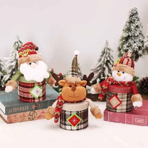 Vintage Weihnachten Süßigkeitengläser Karostoff Plüsch Weihnachtsmann Schneemann Rentier Geschenkboxen Für Feiertagsparty Deko