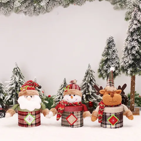 Vintage Weihnachten Süßigkeitengläser Karostoff Plüsch Weihnachtsmann Schneemann Rentier Geschenkboxen Für Feiertagsparty Deko