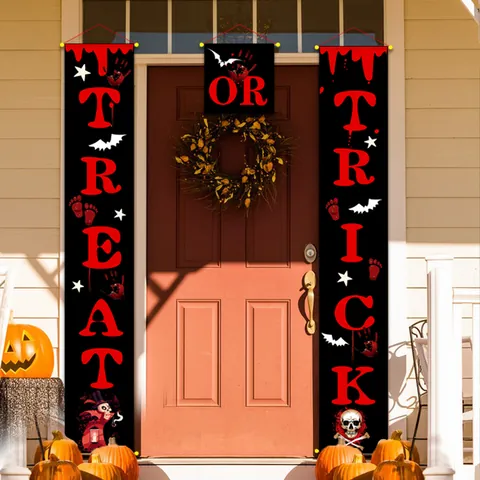 Striscioni per Portico di Halloween e Insegna per Porta in Tessuto Oxford Scheletro Zucca Pipistrello Decorazione per Esterni