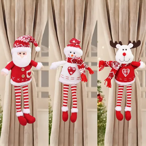 Christmas Knitted Plush Curtain Buckle Santa Snowman Elk Long Leg Cartoon Home Window Decor Tieback Holders Xmas Ornament
