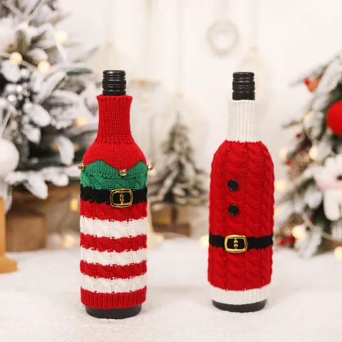 Knitted Christmas Wine Bottle Covers Santa Claus And Elf Belt Design Festive Dining Table Decorations For Xmas Party Home Decor