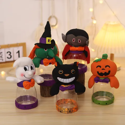 Halloween Candy Jar Transparent 3D Plush Doll Ghost Vampire Black Cat Witch Pumpkin Desktop Decoration Gift For Kids Party