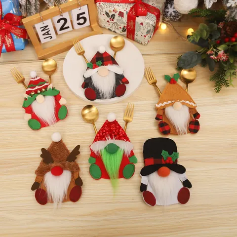 Christmas Gnomes Cutlery Holder Set Elf Snowman Reindeer Gingerbread Man Silverware Bag For Holiday Table Decoration Dinner Party