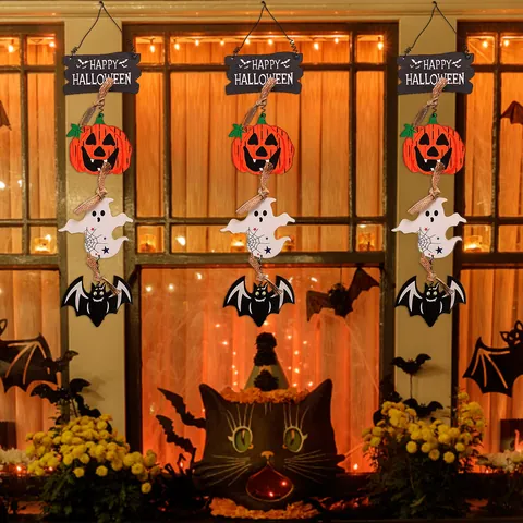 Halloween Wooden Hanging Sign Decoration Pumpkin Ghost Bat Skeleton Black Cat Happy Halloween Pendant For Home Door Wall