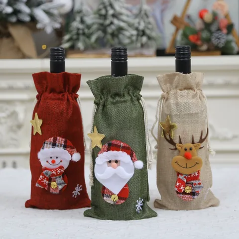 Christmas Burlap Wine Bottle Cover Santa Snowman Reindeer Drawstring Wine Gift Bags For Christmas Party Table Decorations
