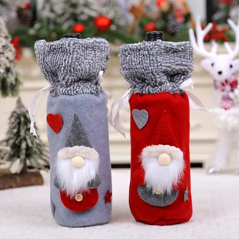 Funda para Botella de Vino Gnomo de Navidad Peluche Muñeco sin Rostro Champán Xmas Mesa Decoración de Fiesta Ornamento