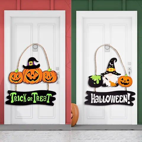 Targa Per Porta In Legno Di Halloween Decorazione Zucca Dipinta Gnomo Lettera Ornamento Appeso Per Casa Cortile Camino