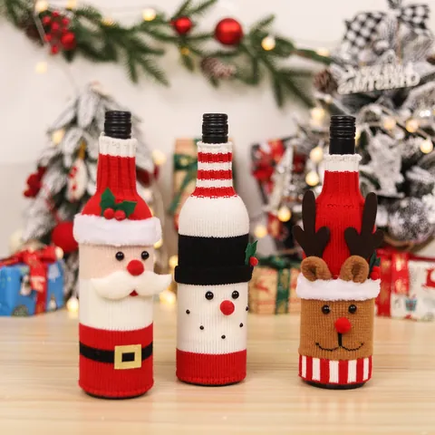 Christmas Knitted Wine Bottle Cover Cartoon Santa Claus Snowman Reindeer Tableware Decoration For Xmas Holiday Party Dining Table Home Decor Gift