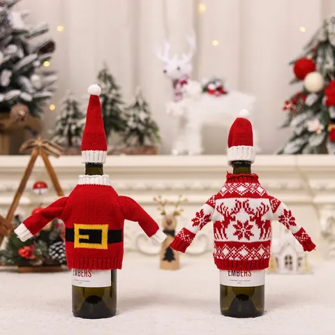 Set Copri Bottiglia di Vino Natalizio in Maglia Mini Maglione e Cappello Con Motivi di Renna e Babbo Natale per Decorazione Tavola