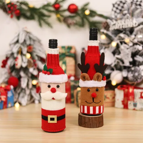 Christmas Knitted Wine Bottle Cover Cartoon Santa Claus Snowman Reindeer Tableware Decoration For Xmas Holiday Party Dining Table Home Decor Gift