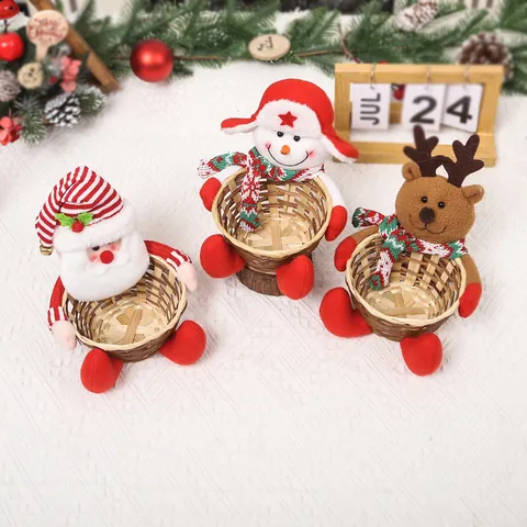 Weihnachten Cartoon Weihnachtsmann Schneemann Rentier Süßigkeitenkorb Handgefertigter Geflochtener Bambus Aufbewahrungskorb Dekor