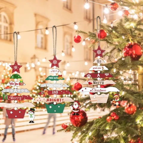 Wooden Christmas Tree Hanging Ornaments With Santa Snowman Reindeer Patterns Holiday Decoration Wood Bead String