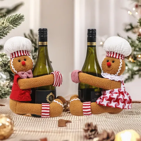 Christmas Gingerbread Man Wine Bottle Cover Fabric Plush Bottle Topper For Xmas Dining Table Party Decoration Gingerbread Man Hugger