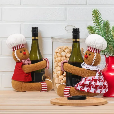 Christmas Gingerbread Man Wine Bottle Cover Fabric Plush Bottle Topper For Xmas Dining Table Party Decoration Gingerbread Man Hugger