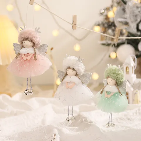 Ornamento Sospeso Bambola Angelo di Natale Con Gonna di Garza Corna di Renna Campana Cappello Peluche Bianco Rosa Verde