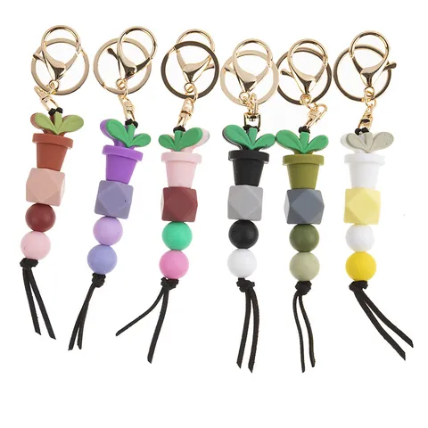 Cute Silicone Beaded Keychain Potted Plant Pendant With Tassel Gold Metal Lobster Clasp For Women Bags Accessories Cartoon Keyring