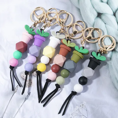 Cute Silicone Beaded Keychain Potted Plant Pendant With Tassel Gold Metal Lobster Clasp For Women Bags Accessories Cartoon Keyring