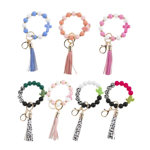 Portachiavi a Braccialetto in Silicone con Perline per Donna Nappina Bracciale con Ciondoli a Forma di Cactus Fenicottero Croce Boho