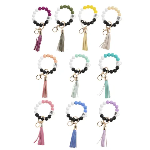 Silicone Beaded Keychain Bracelet For Women Tassel Coffee Cup Charm Inspirational Quotes Fashion Wristlet Jewelry Accessory