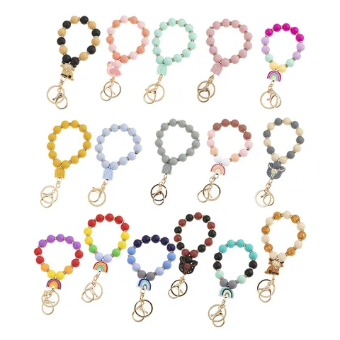 Bracelet Porte-clés en Perles de Silicone Boho Pour Femmes Arc-en-ciel Flamant Rose Vache Charme Poignet Porte-clés Avec Strass Fermoir en Alliage