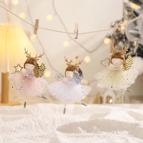 Christmas Angel Doll Hanging Ornaments With Deer Antlers Glitter Wings Tulle Skirt Fabric Holiday Tree Decorations Cute