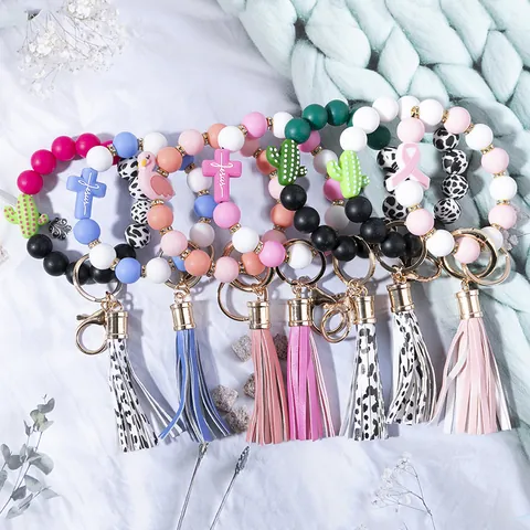 Portachiavi a Braccialetto in Silicone con Perline per Donna Nappina Bracciale con Ciondoli a Forma di Cactus Fenicottero Croce Boho