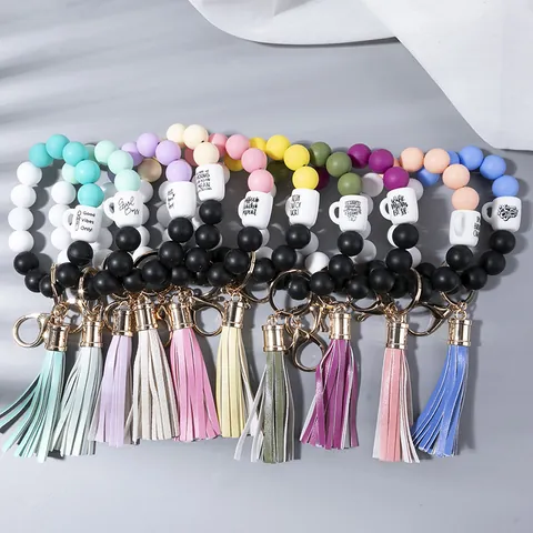 Silicone Beaded Keychain Bracelet For Women Tassel Coffee Cup Charm Inspirational Quotes Fashion Wristlet Jewelry Accessory