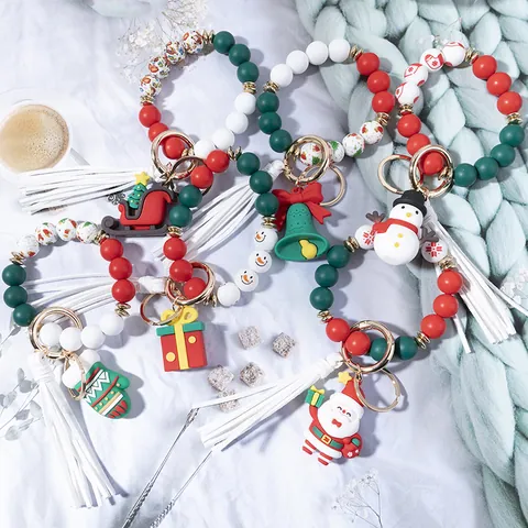 Weihnachten Silikon Perlen Armband Schlüsselanhänger Mit Quaste Cartoon Weihnachtsmann Schneemann Elch Anhänger Armreif Schlüsselring Für Damen