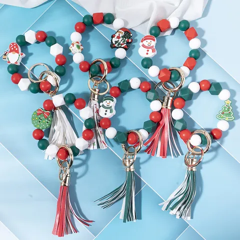 Portachiavi da Polso in Silicone Natalizio con Nappina in Pelle PU Babbo Natale Pupazzo di Neve Albero Ciondoli Regalo Donna