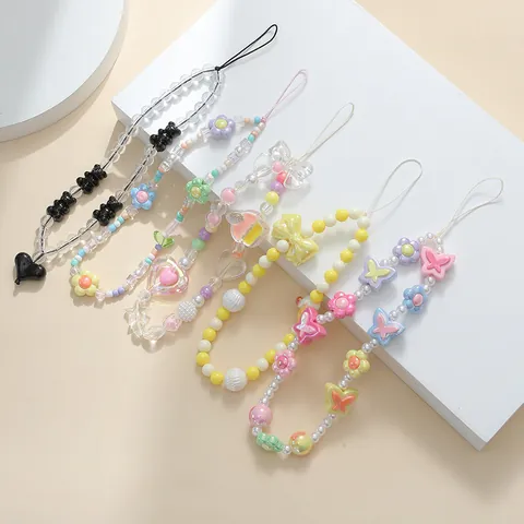 Chaîne de Téléphone Perles Y2K Douce Fait Main Résine Papillon Fleur Ours Cœur Lanière de Téléphone pour Femmes Filles