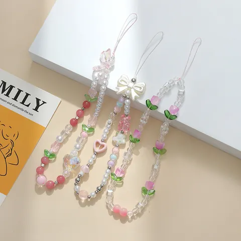 Handmade Beaded Phone Charm Aesthetic Pink Tulip Butterfly Heart Bear Resin Wrist Strap Lanyard Phone Case Decoration