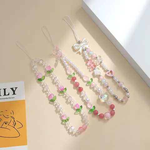 Handmade Beaded Phone Charm Aesthetic Pink Tulip Butterfly Heart Bear Resin Wrist Strap Lanyard Phone Case Decoration