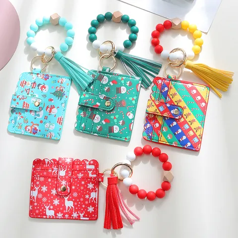Bracciale Portachiavi in Perle di Silicone Natalizio Con Portacarte in Pelle PU Nappa Pupazzo di Neve Alce Babbo Natale Donna Regalo