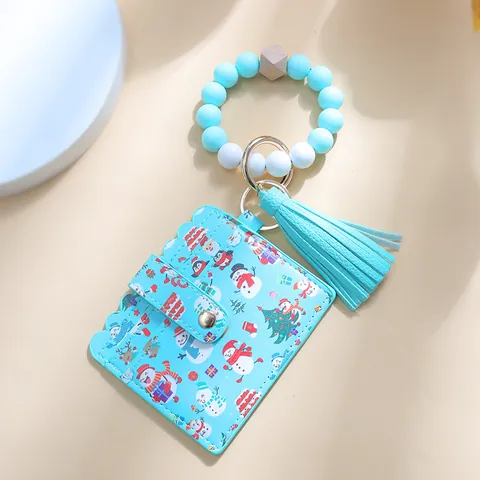 Bracciale Portachiavi in Perle di Silicone Natalizio Con Portacarte in Pelle PU Nappa Pupazzo di Neve Alce Babbo Natale Donna Regalo