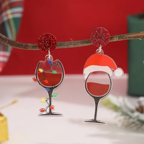 Christmas Wine Glass Santa Hat Wine Bottle Acrylic Dangle Earrings Festive Lights Pattern Drop Earrings Women Jewelry