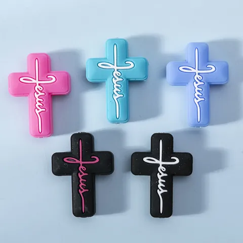 Silicone Cross Beads For DIY Jewelry Making Jesus Letter Religious Charms For Bracelets Necklaces Colorful Craft Accessories