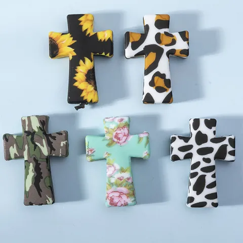 Perline a Croce in Silicone Stampato Alimentare Motivi Mucca Leopardo Mimetico Girasole Per Creazione Gioielli Fai Da Te Accessori