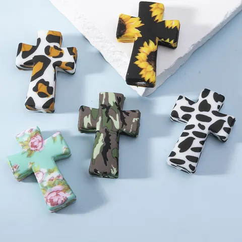 Perline a Croce in Silicone Stampato Alimentare Motivi Mucca Leopardo Mimetico Girasole Per Creazione Gioielli Fai Da Te Accessori