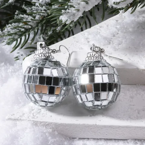 Vintage Silver Disco Ball Mirror Drop Earrings Plastic Glass Mirror Party Jewelry For Women Christmas Festive Gift