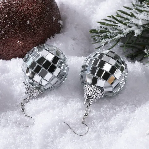Vintage Silver Disco Ball Mirror Drop Earrings Plastic Glass Mirror Party Jewelry For Women Christmas Festive Gift